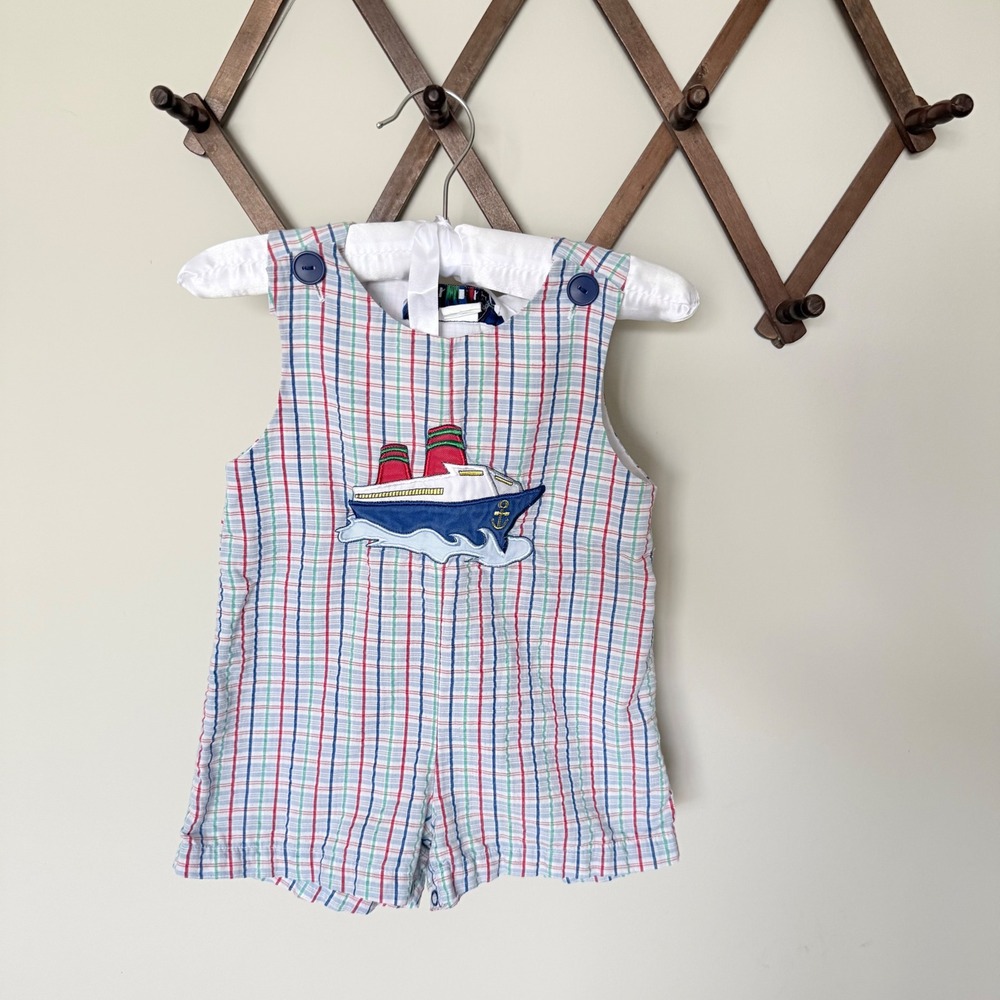 Samara Vintage Plaid Ship Romper 18 Months Nautical Seersucker Smock Sunsuit